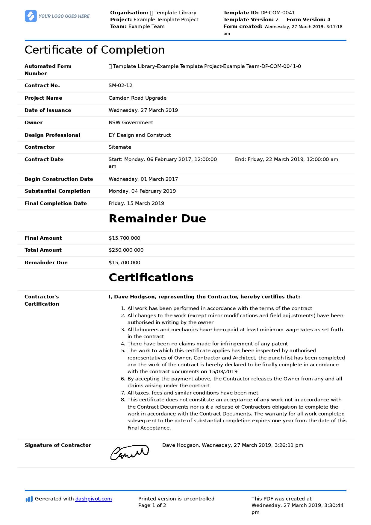 certificate of completion construction templates