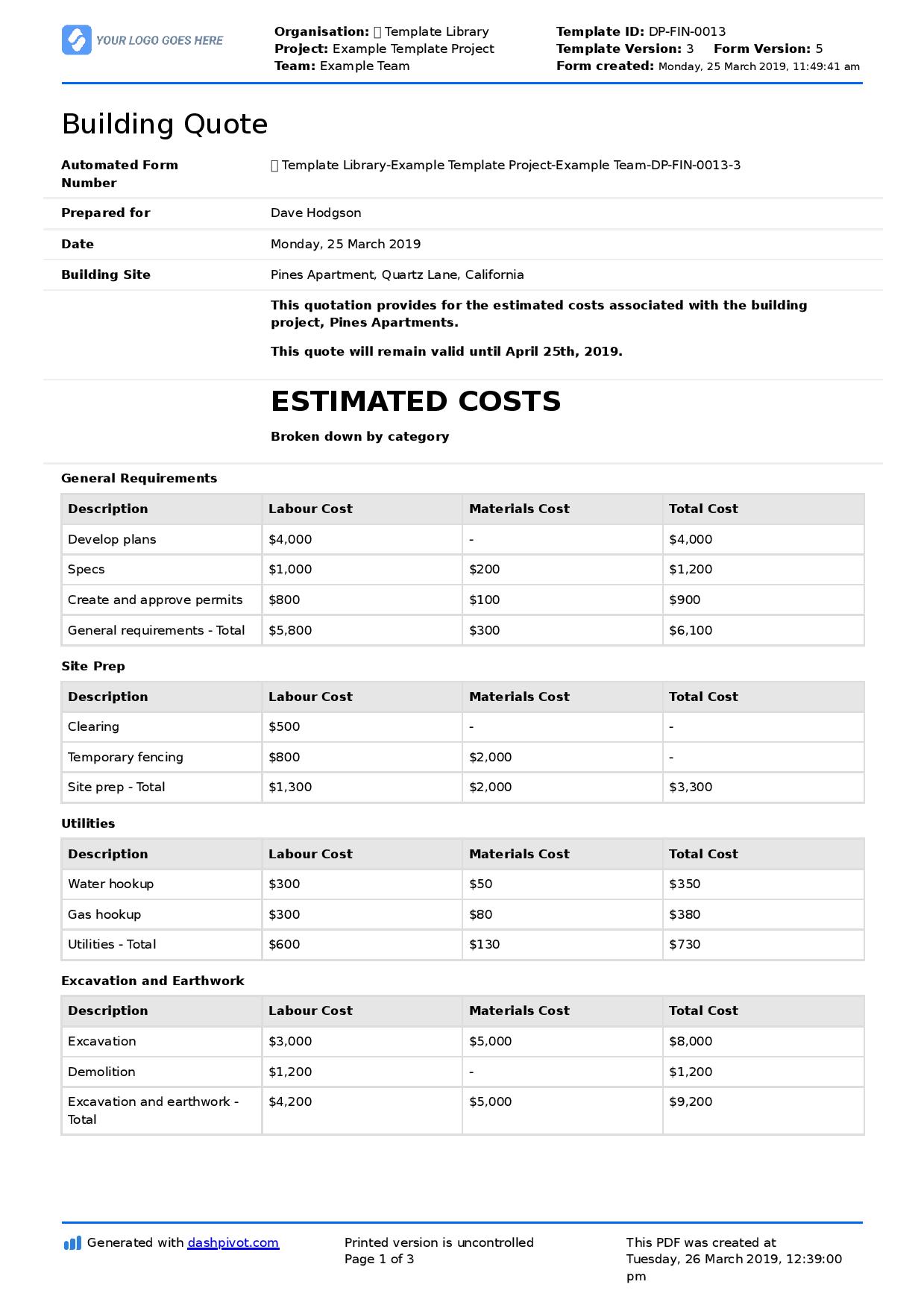 Contractor Quote Template Excel