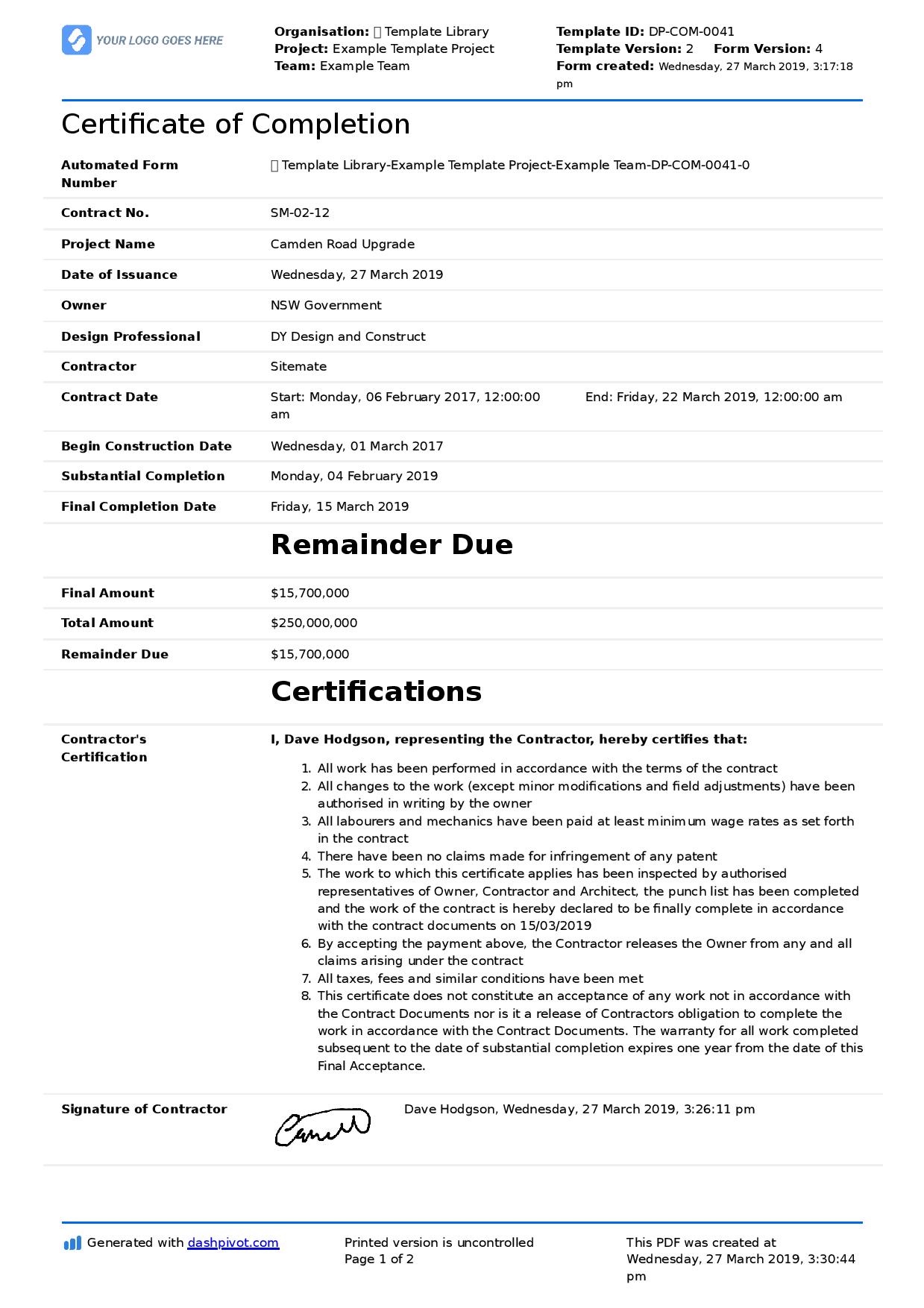 Handover Certificate Template Sarseh