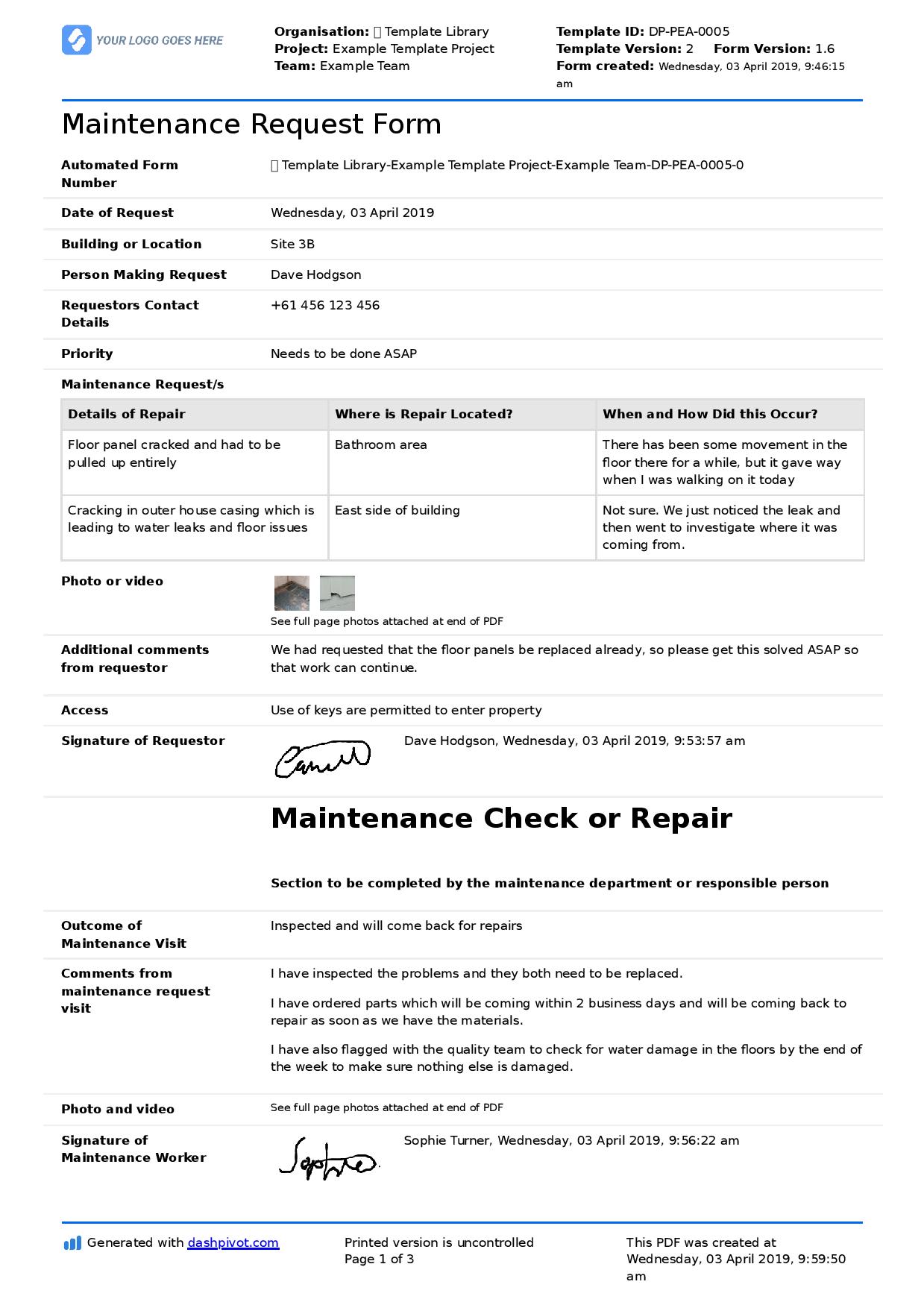 Maintenance Request Form Template Better Than Pdf And Excel