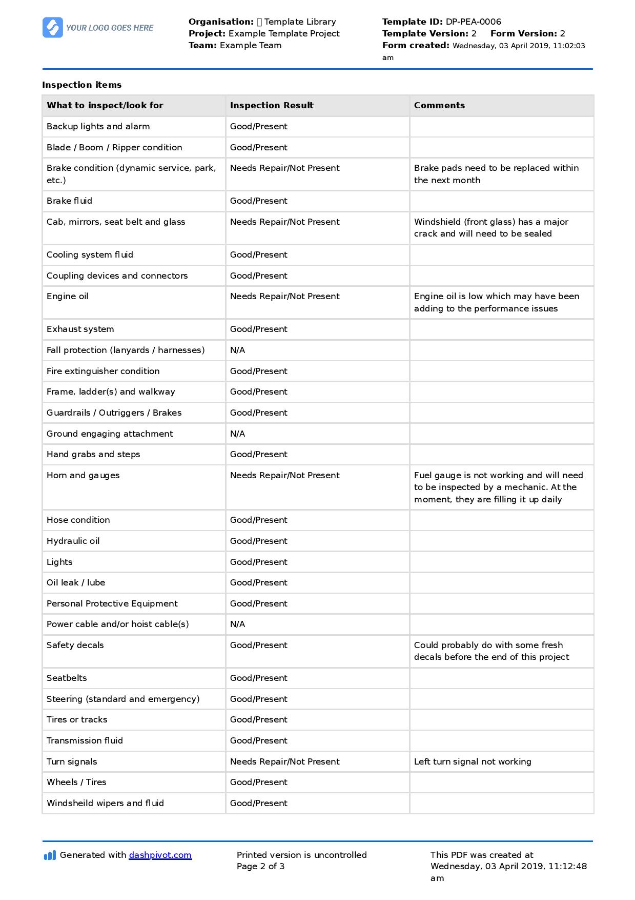 Equipment Inspection Checklist Template Better than Excel, Word