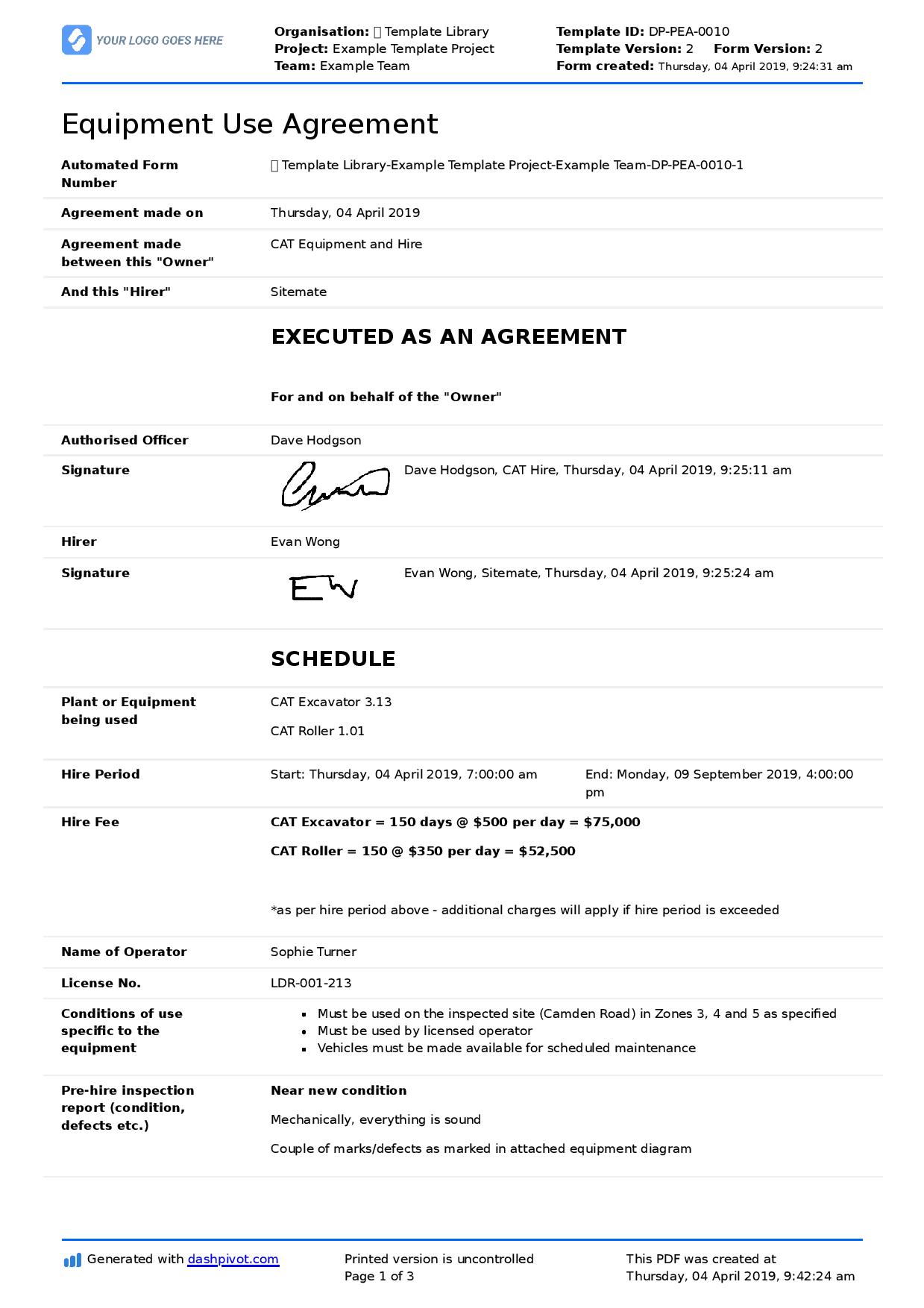 Equipment Use Agreement template (for companies and employees)