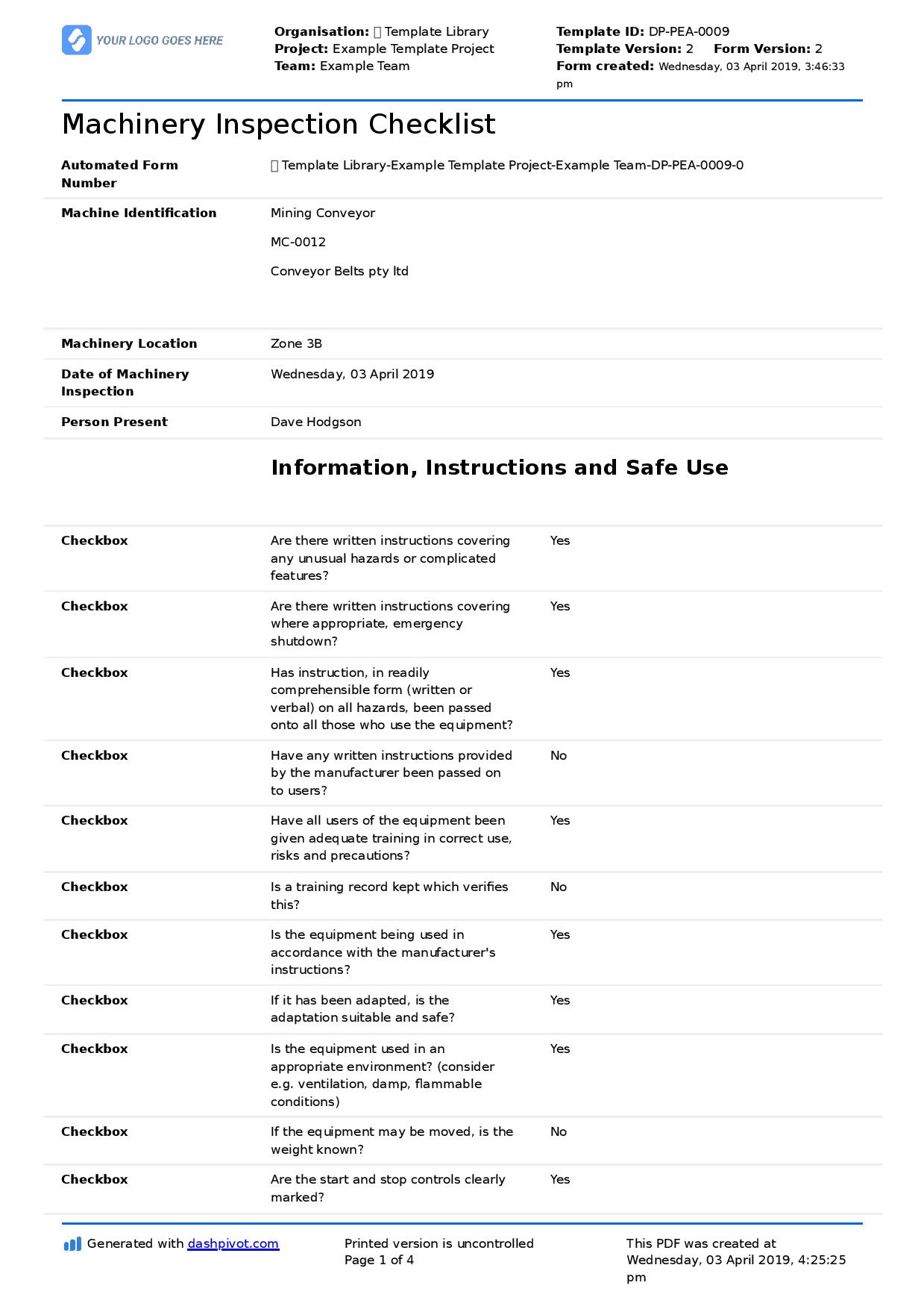 Machinery Inspection Checklist (For heavy machinery, plant, trucks etc.)