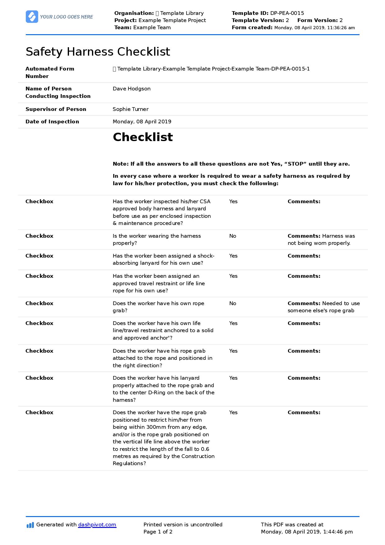 Safety Harness Inspection Checklist template (Free and ...