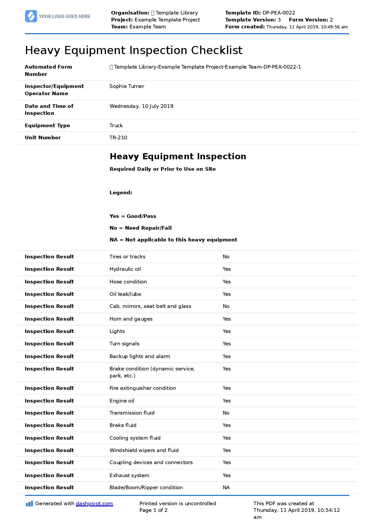 Heavy Equipment Inspection Checklist template (Free ...