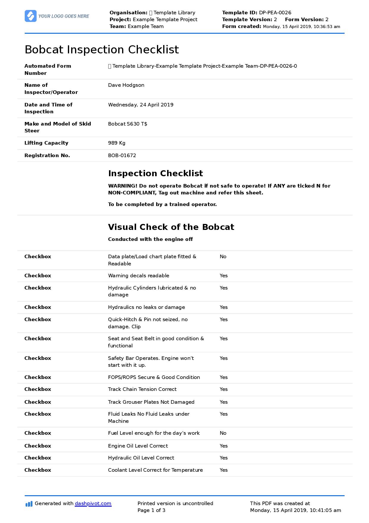 Free Bobcat Inspection Checklist Daily Or Safety Inspections