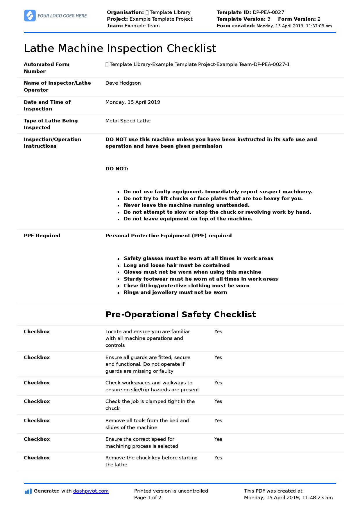 Lathe Machine Inspection Checklist (Free and flexible template)