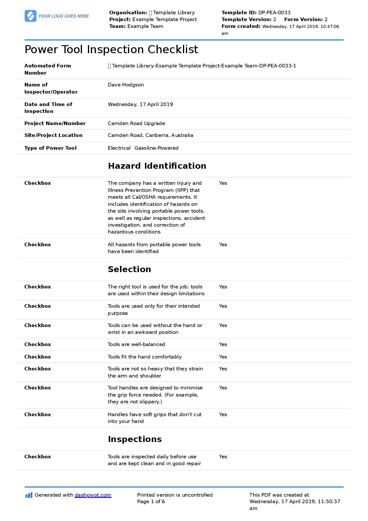 Power Tool Inspection Checklist template (Free and edtaible form)