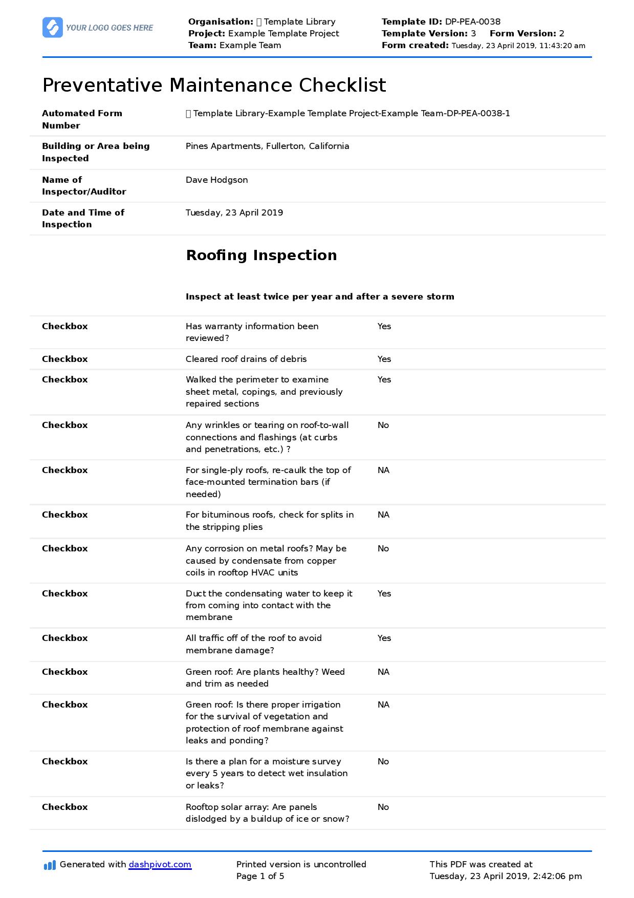 facility maintenance schedule template