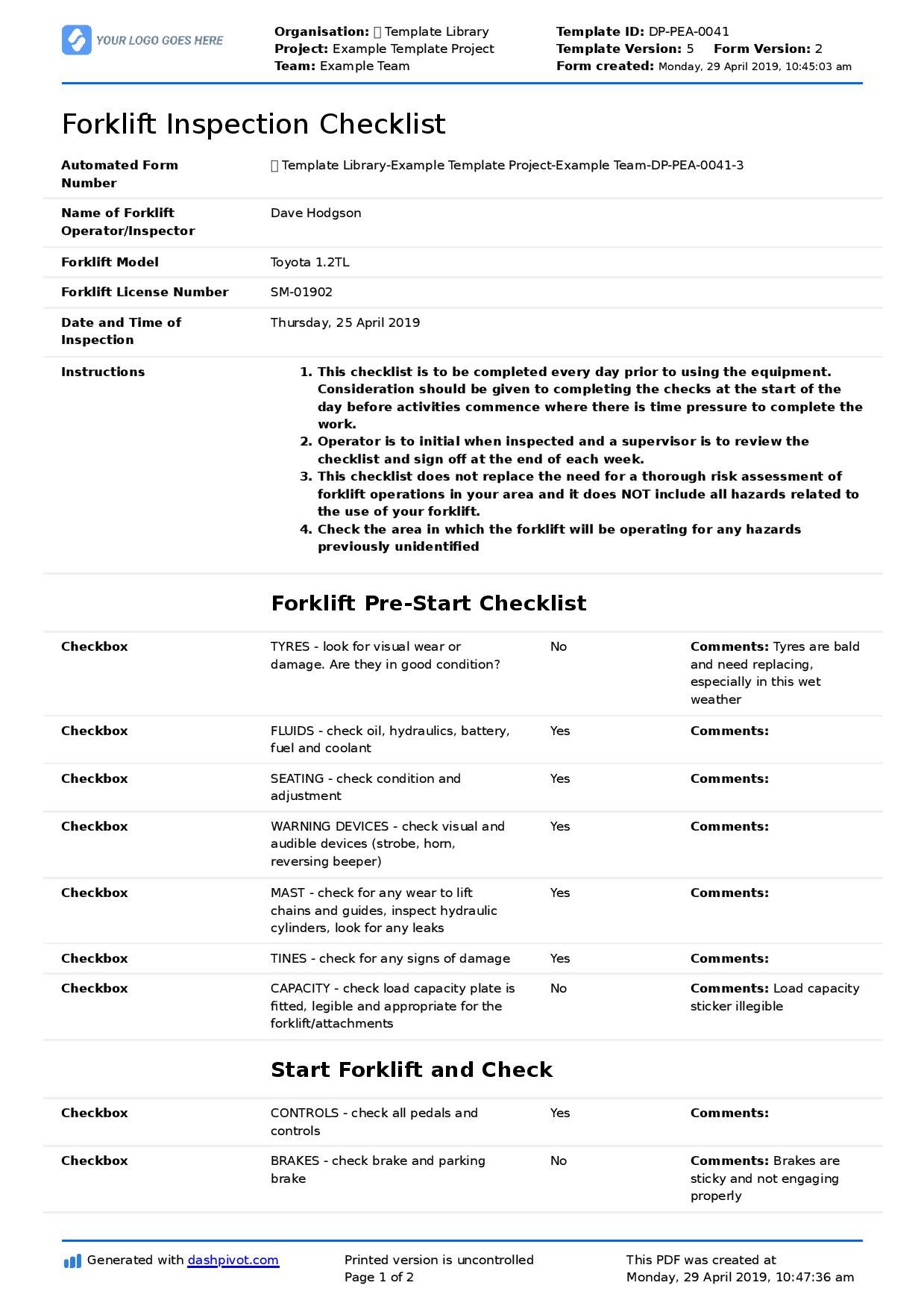 Printable Free Weekly Forklift Inspection Checklist Template