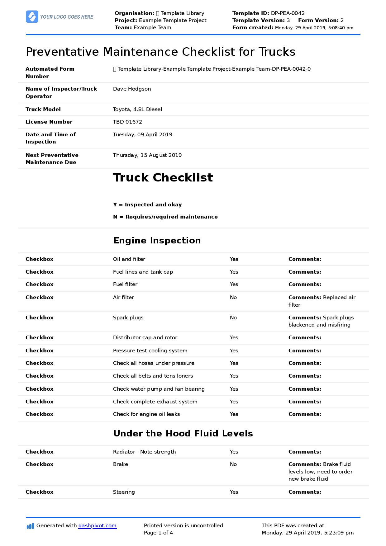 Preventative Maintenance Checklist for Trucks Diesel, semi trucks