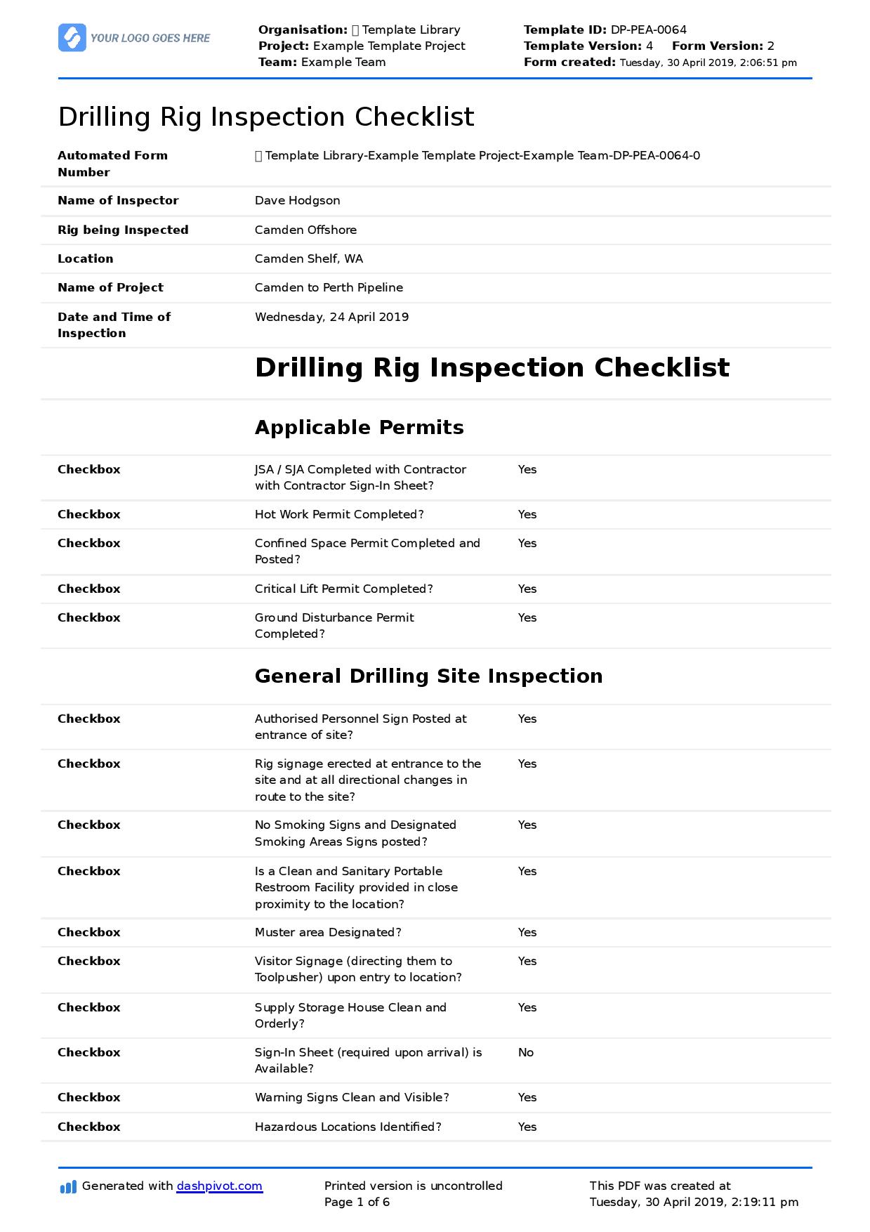 Drilling Rig Inspection Checklist (Free and editable template)