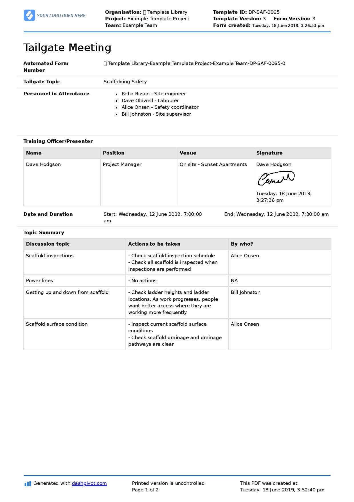 Tailgate meeting form template (Free to use and customise) Throughout Toolbox Meeting Template Doc