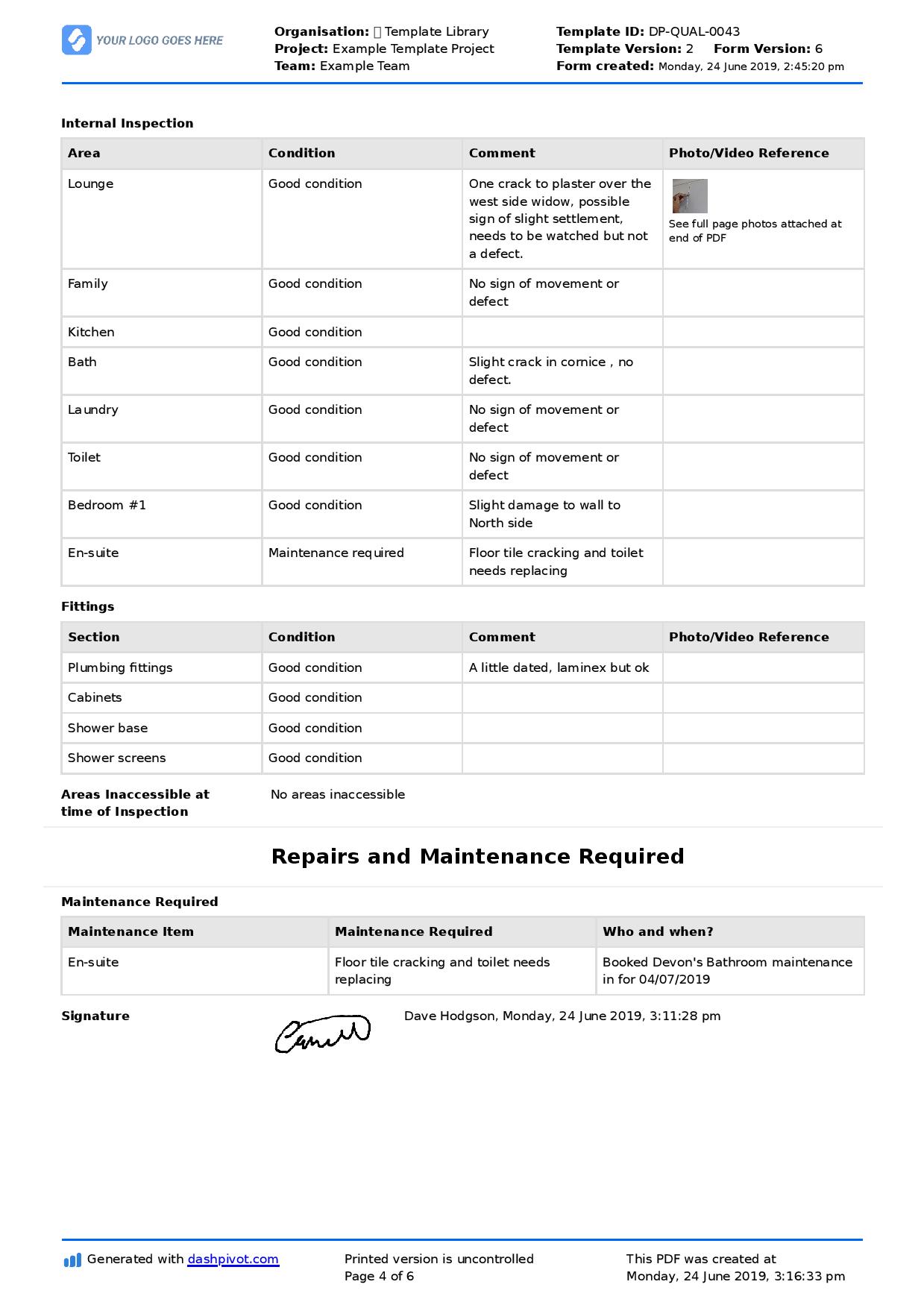 Daily Inspection Report Template Professional Templates Report My XXX   2019 06 24 Example Template Project Property Inspection Report 0 Page 004 