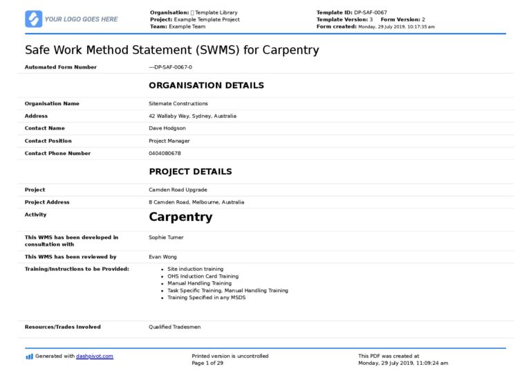Carpentry Safe Work Method Statement [Free + editable SWMS]