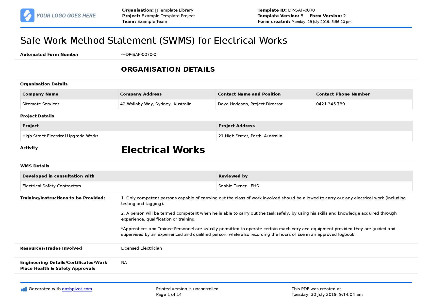 Safe Work Method Statement for Electrical Works (Editable template)