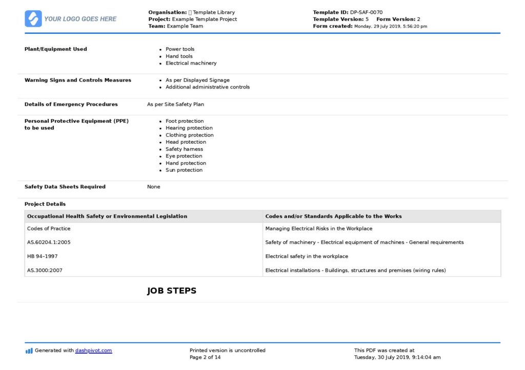 Safe Work Method Statement for Electrical Works (Editable template)