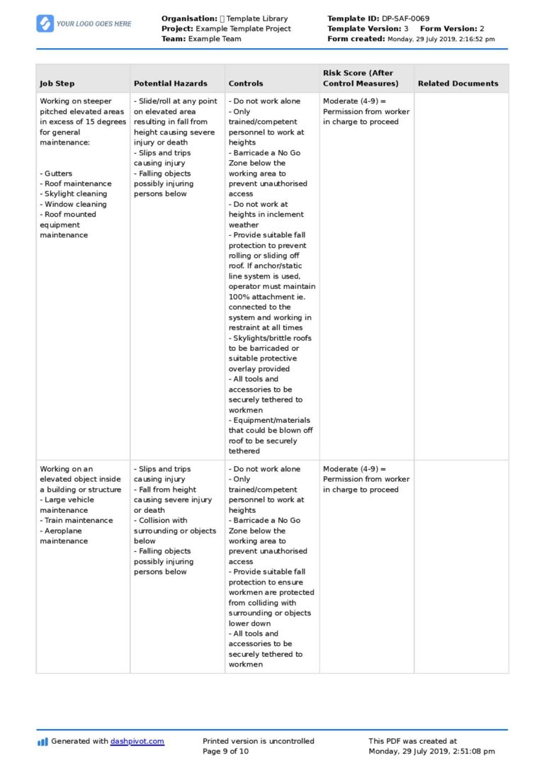 Working at Heights Safe Work Method Statement Template