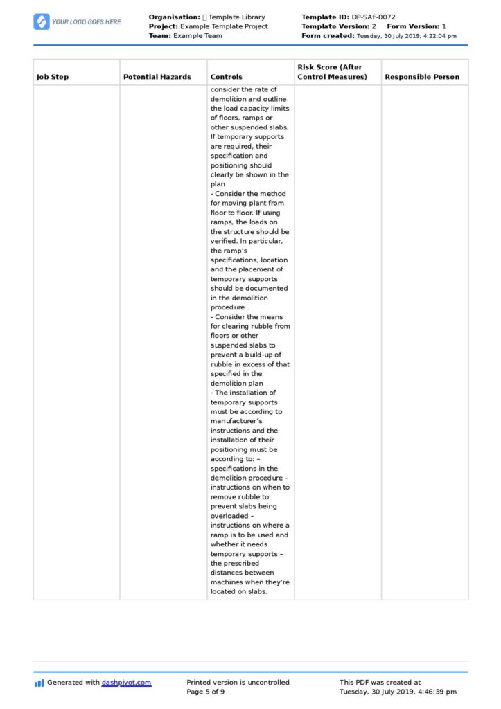 Safe work method statement demolition