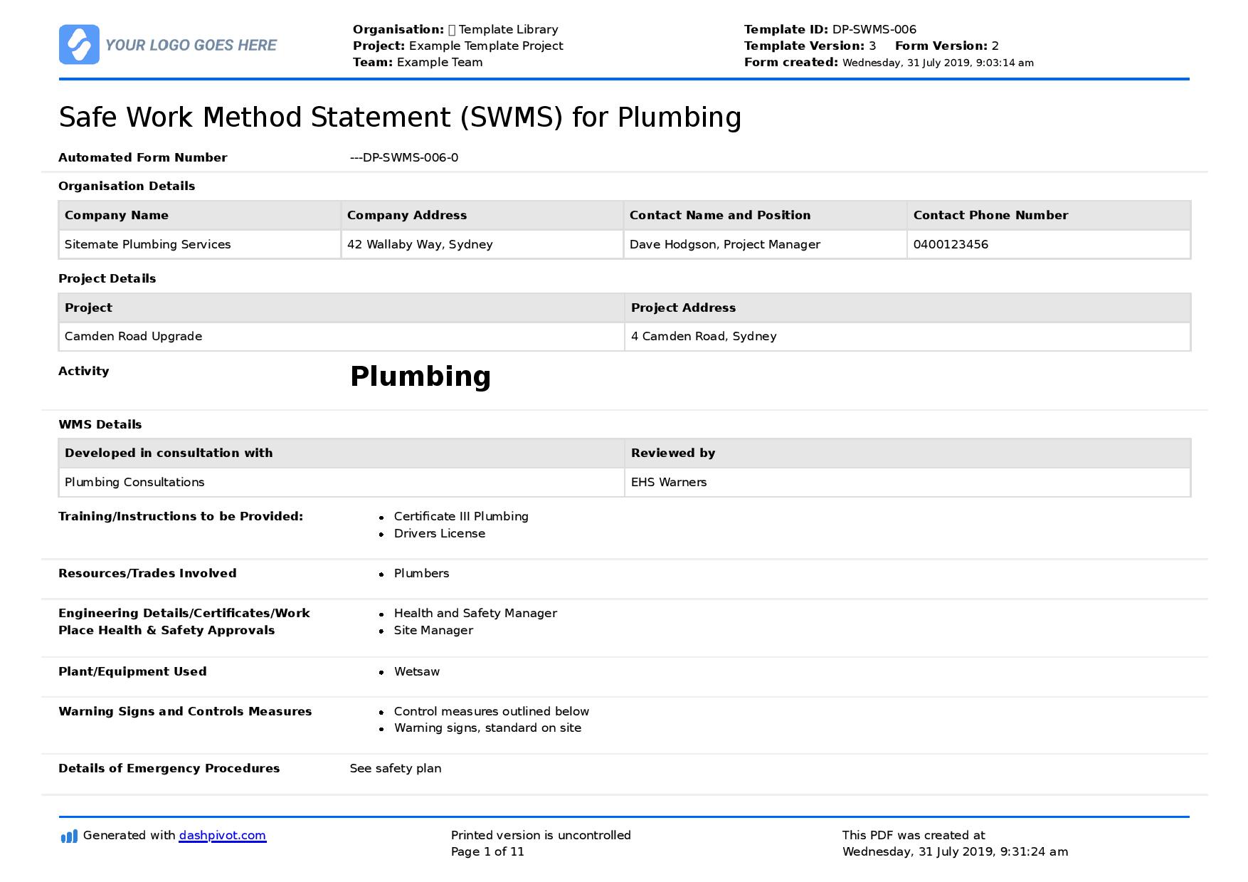 Safe work method statement for plumbing