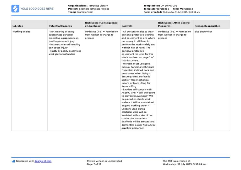 Plumbing Swms Example Plumbing Safe Work Method Statement Template: Plumber SWMS