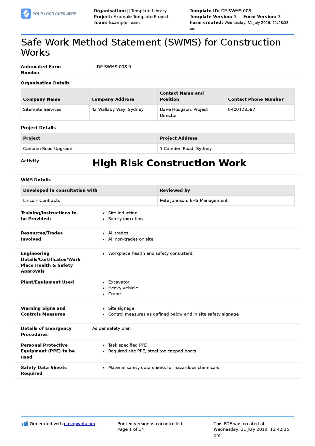 Construction Method Statement Template Free Free Templates Printable