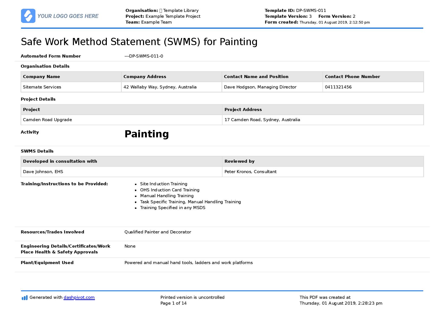 Painting Safe Work Method Statement Free Editable SWMS   2019 08 01 Example Template Project Safe Work Method Statement Swms For Painting 0 Page 001 