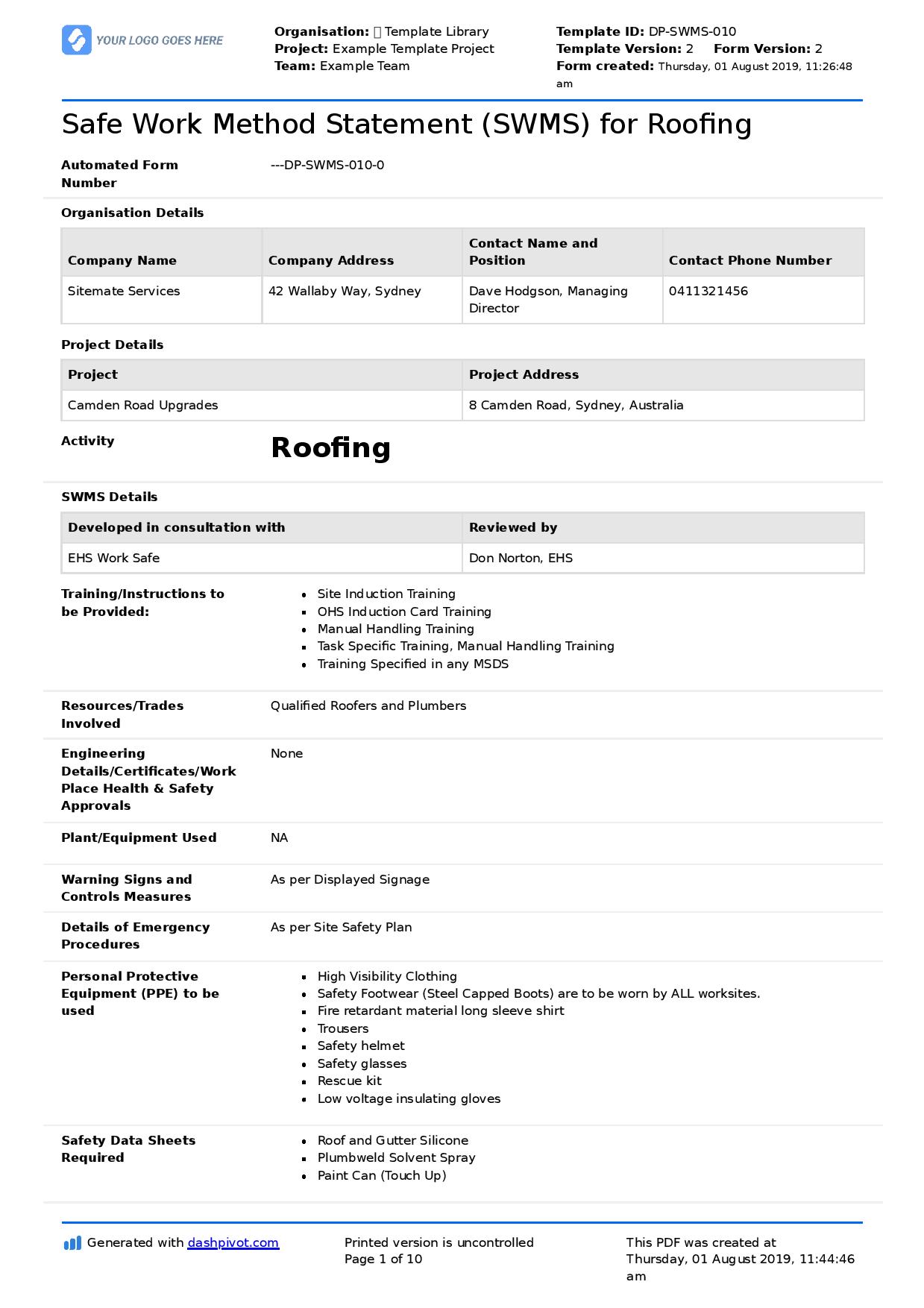 Roofing Safe Work Method Statement Editable roofing SWMS