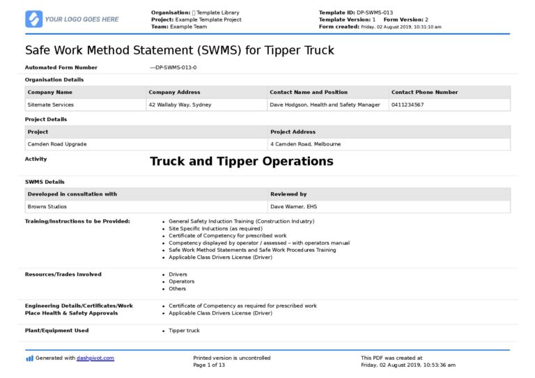 Tipper Truck Safe Work Method Statement Use and edit this SWMS
