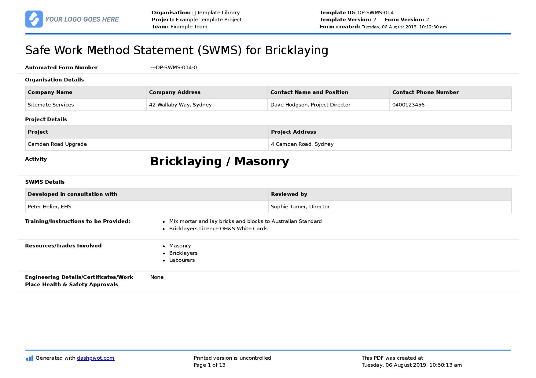 Bricklaying Safe Work Method Statement (SWMS for Bricklaying)