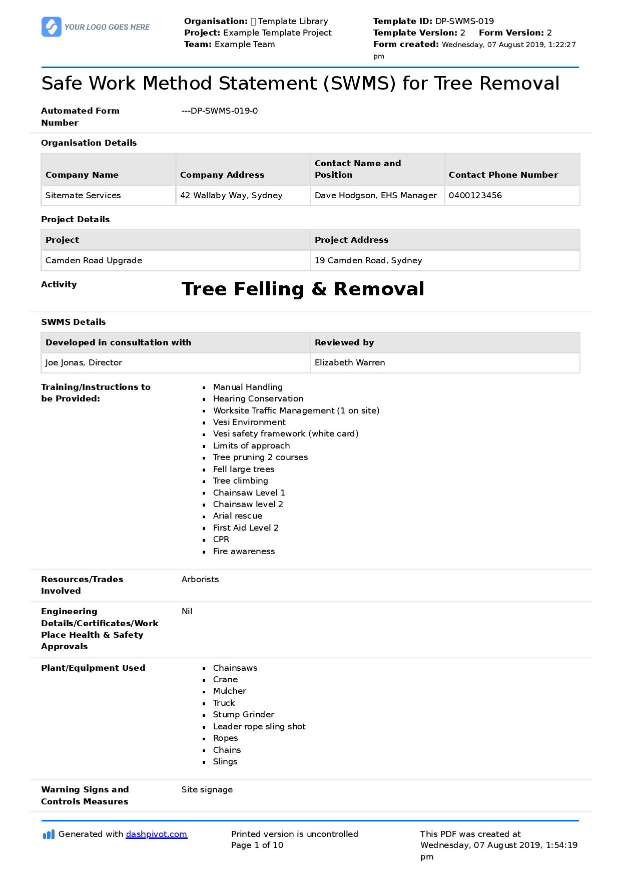 Tree Felling and Tree Removal Safe Work Method Statement (SWMS)