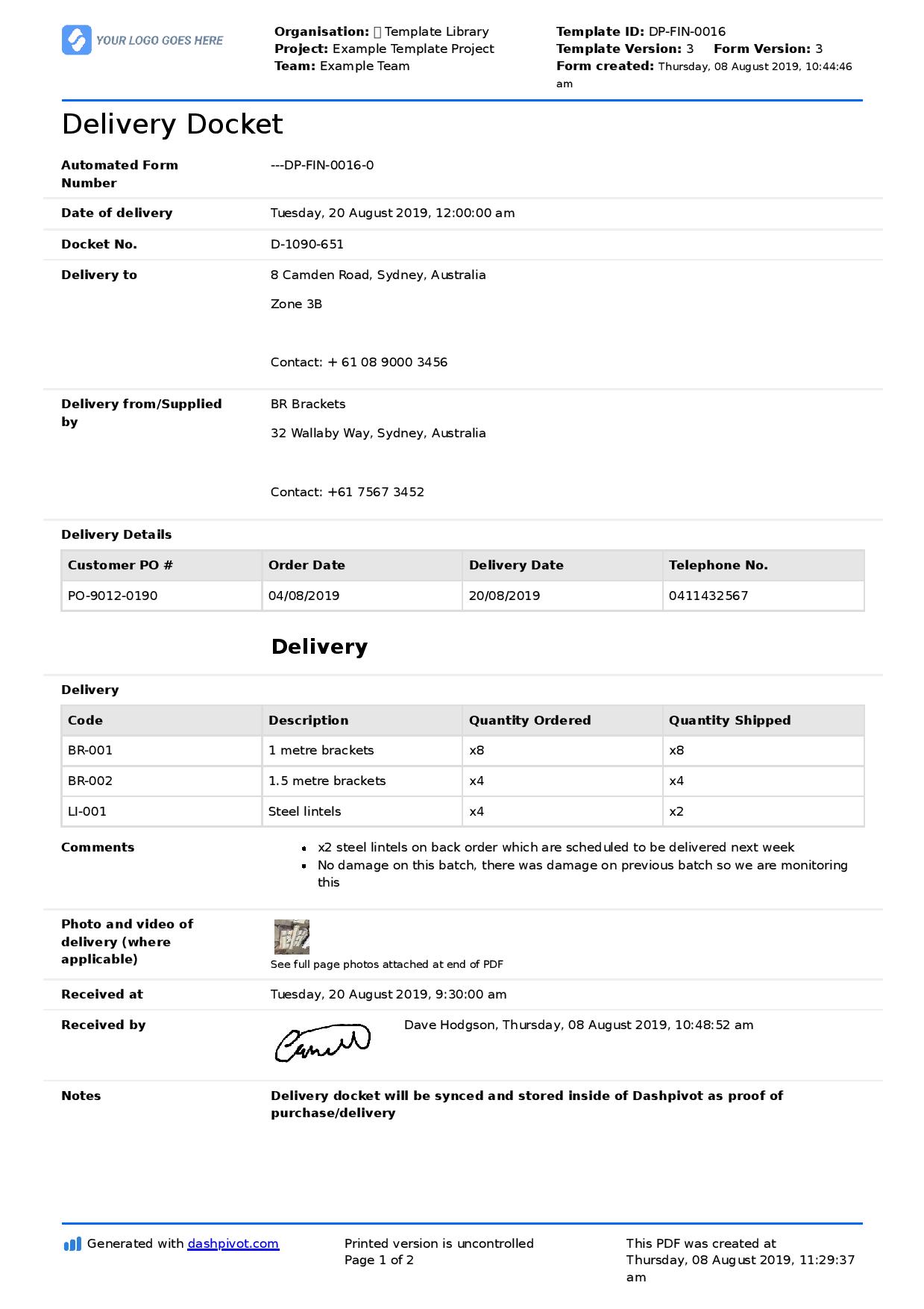 Delivery Docket template [Better than word, excel, PDF] - Free to use