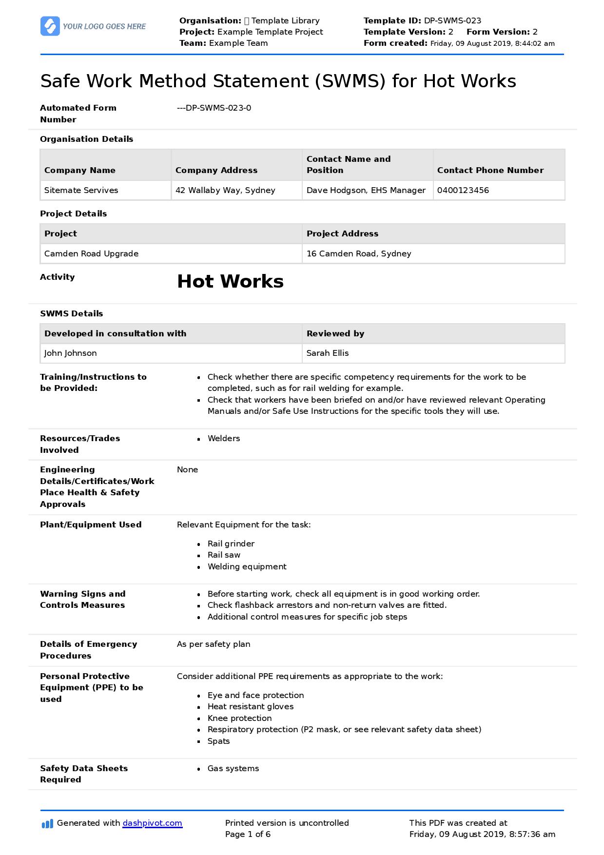 Hot work shop safe work procedure