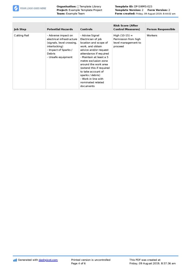 Safe work method statement for hot works