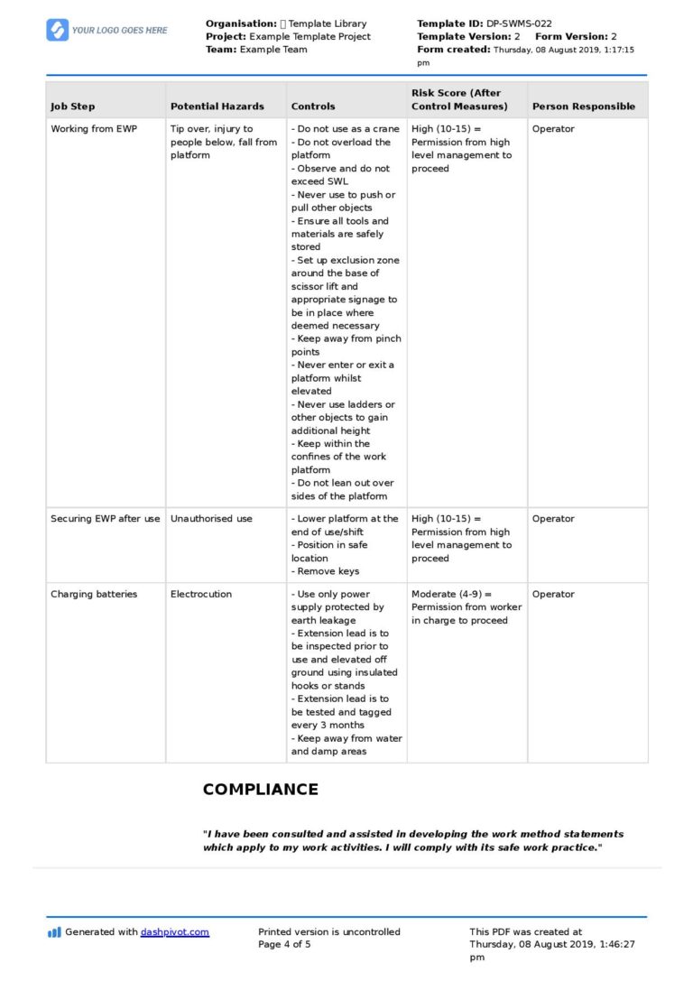 Scissor Lift Safe Work Method Statement Free + editable SWMS