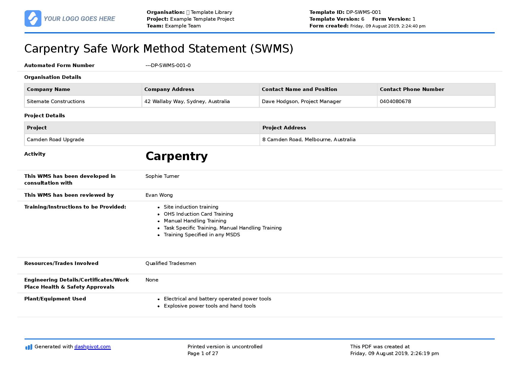 Carpentry Safe Work Method Statement [Free + editable SWMS]