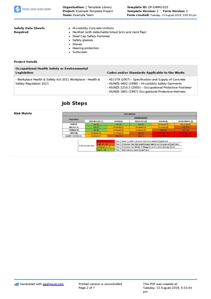 Concrete safe work method statement