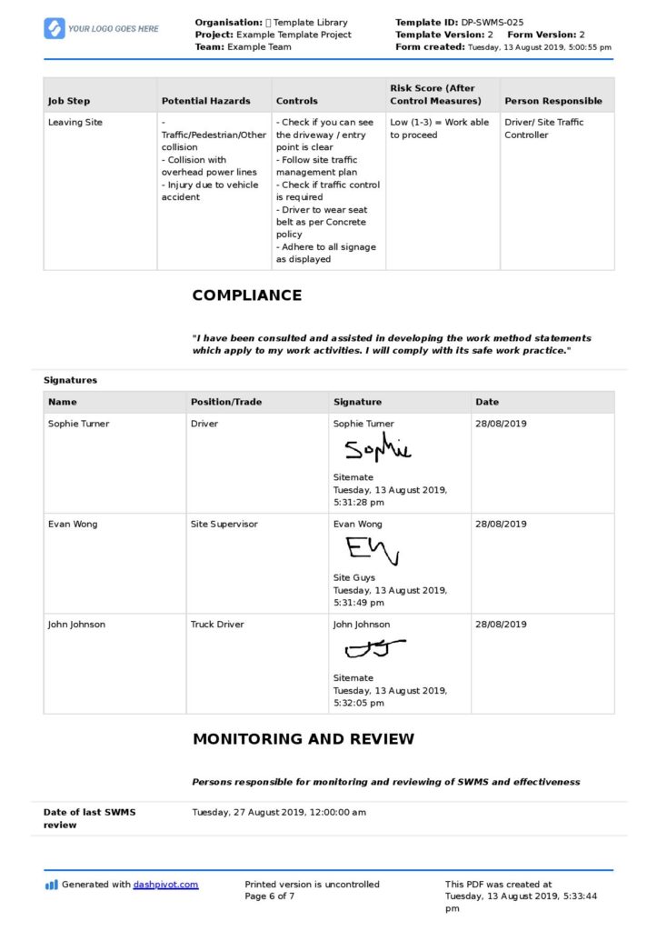 Safe work method statement concreting