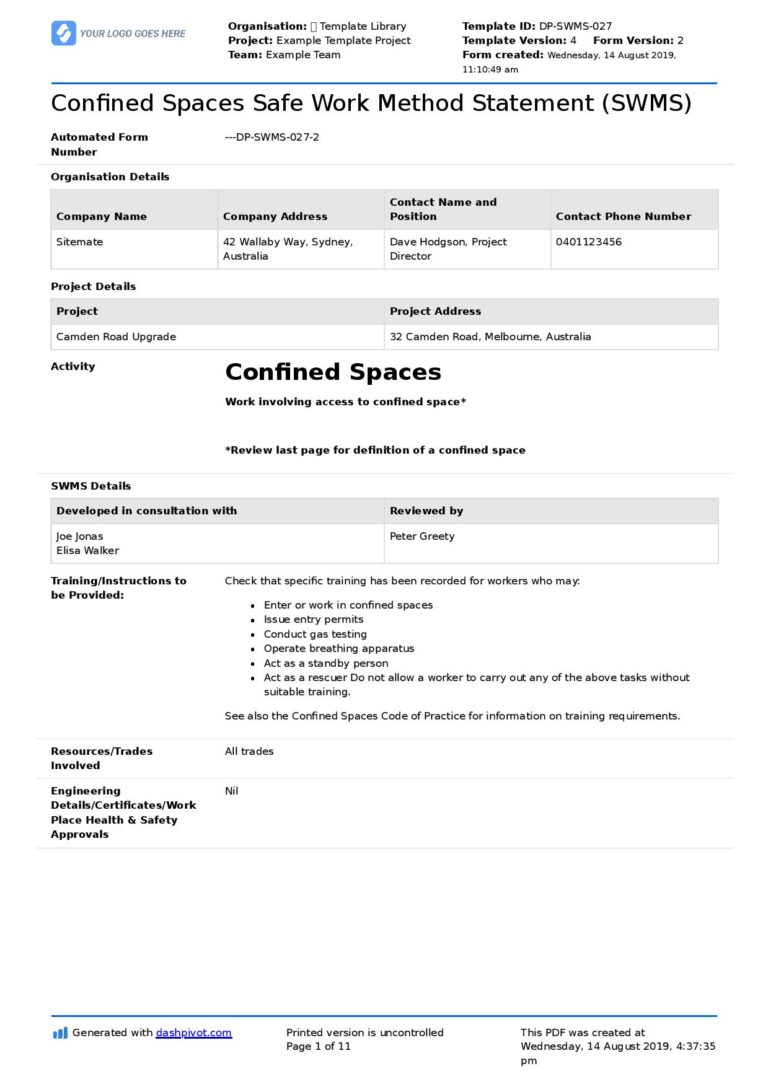Safe Work Method Statement Form