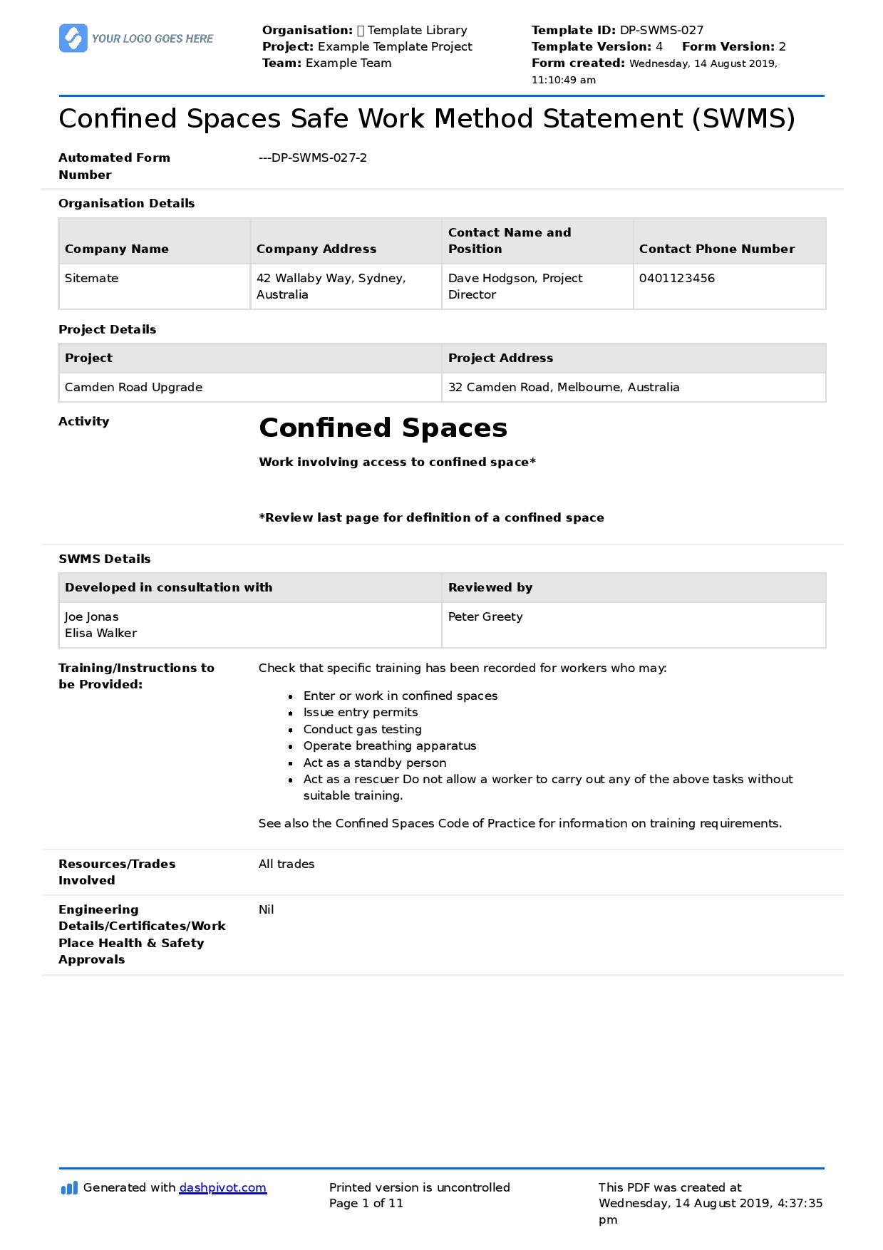 Safety Work Method Statement Template