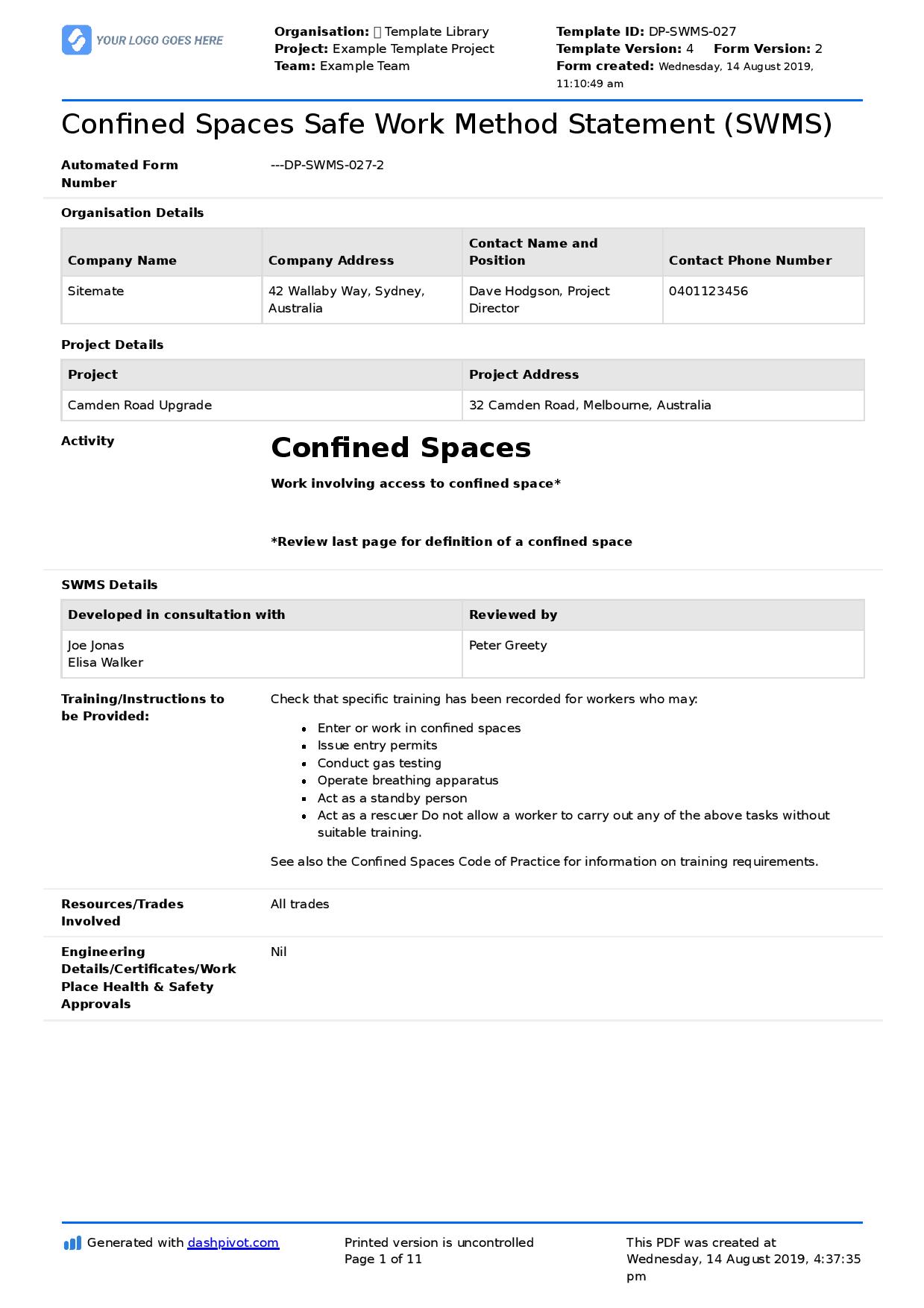  Safety Work Method Statement Template Printable Form Templates And 