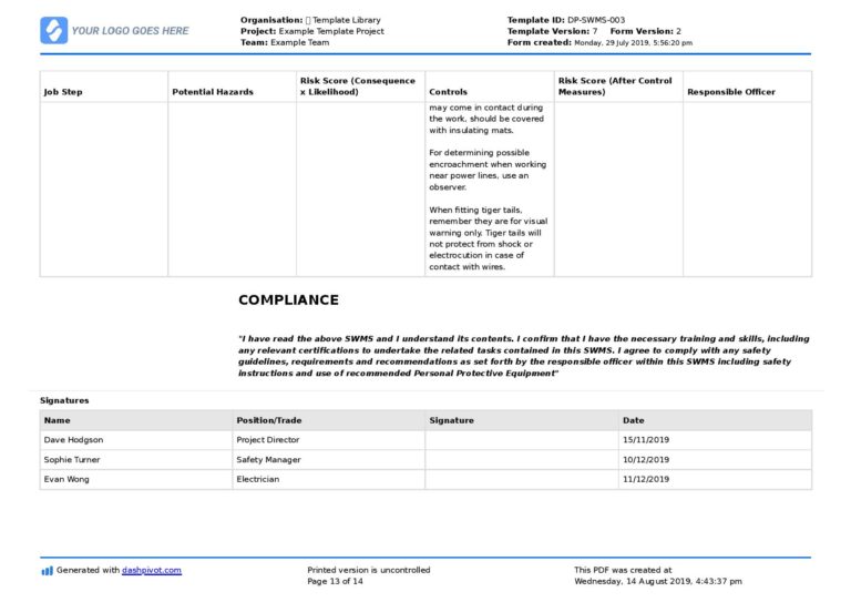 Example Safe Work Method Statement: Use or copy this example SWMS