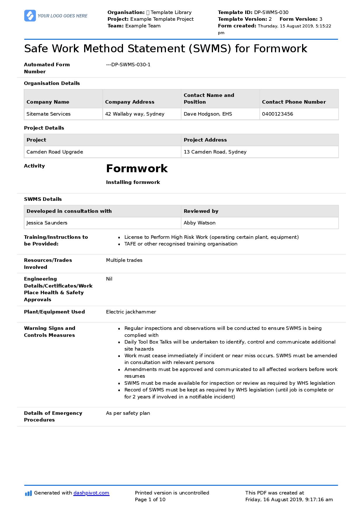 Formwork Safe Work Method Statement (free Swms) Vrogue