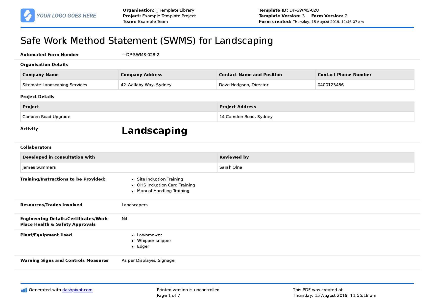 Landscaping Safe Work Method Statement (Free landscaping SWMS)