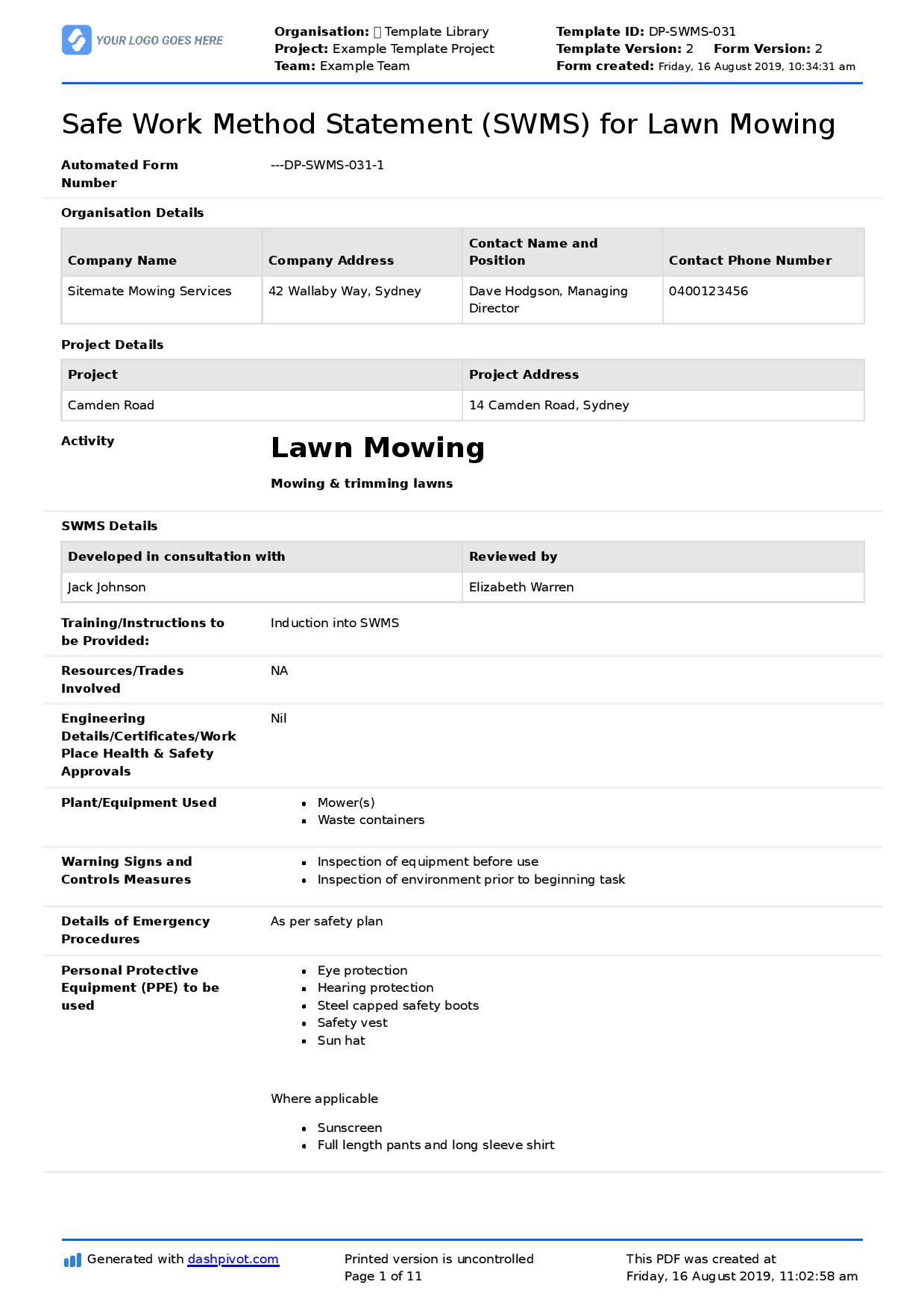 Lawn Mowing Safe Work Method statement (Free and editable SWMS)