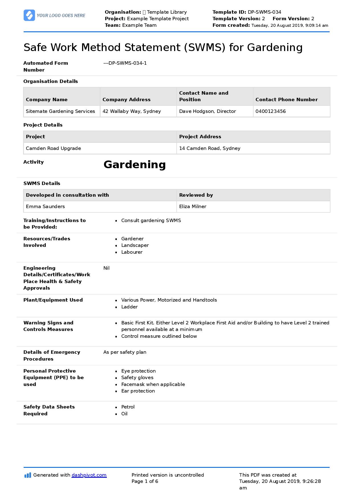 Gardening & Garden Maintenance Safe Work Method Statement (SWMS)