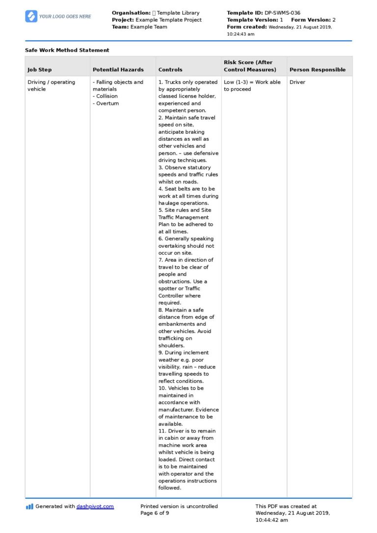 Water Truck Safe Work Method Statement (Free + editable SWMS)