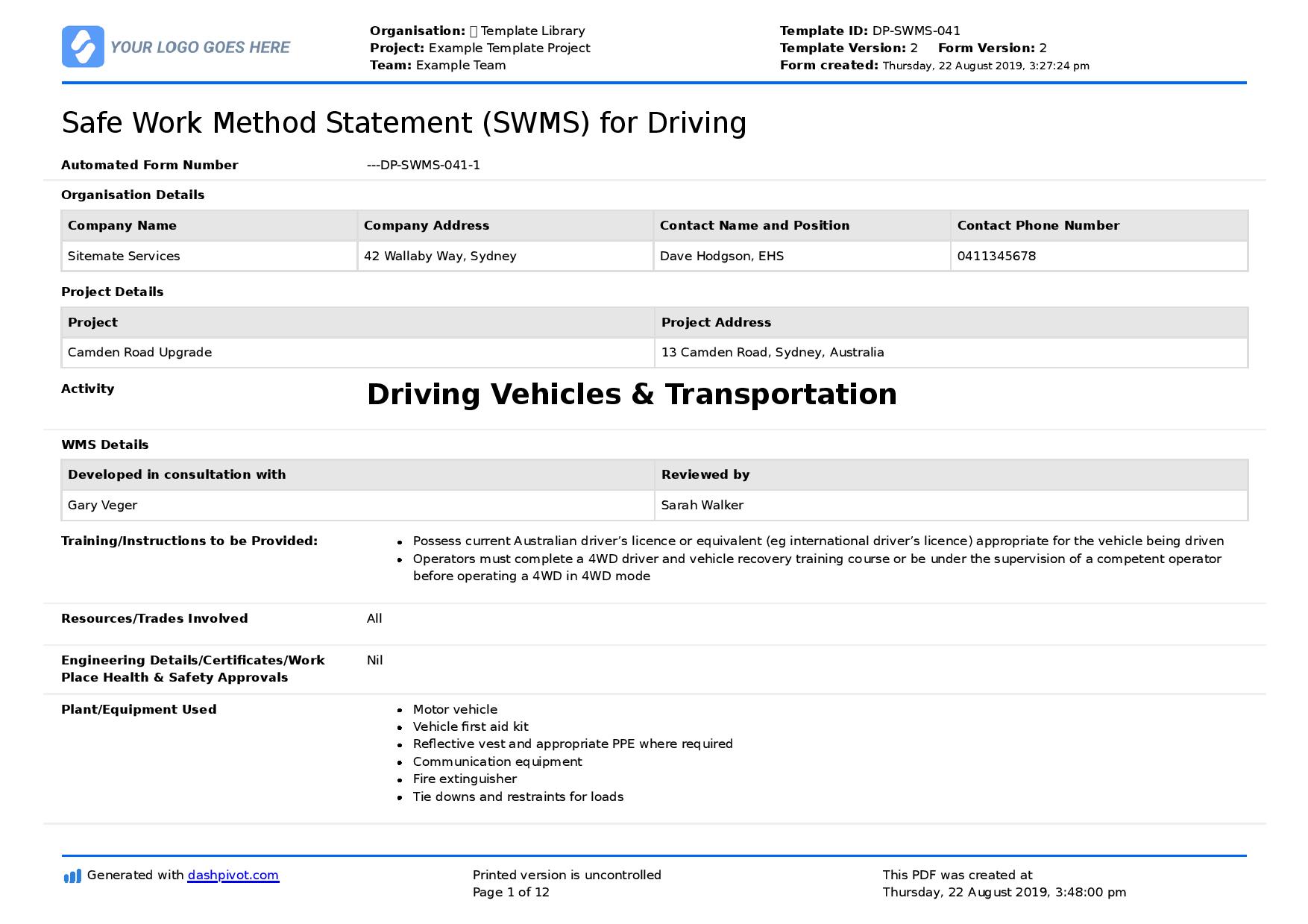 Safe Work Method Statements Template