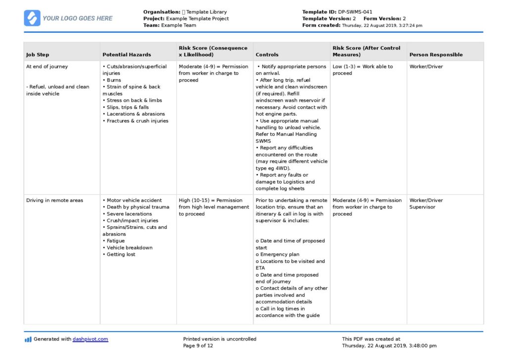 Safe work method statement transport