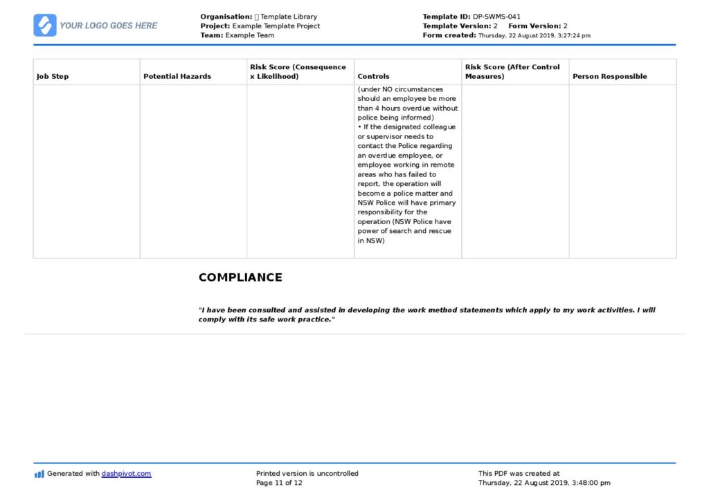 Safe work method statement transport